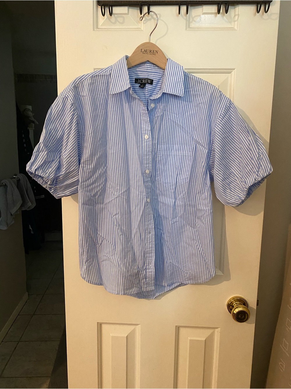 J. Crew Light Blue and White Striped Short-Sleeve Button-Up Blouse